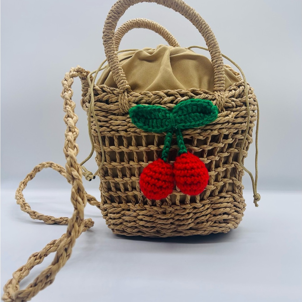Handcrafted Straw Bag with Cherry Accent -Brown